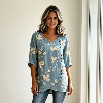 👘[S-3XL] ✨Koszula w stylu vintage z mieszanki lnu i bawełny, haft kwiatowy, dekolt w serek, asymetryczne guziki, przewiewna i miękka tkanina.✨