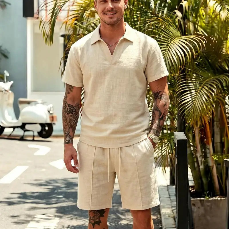 【M-3XL】Conjunto de lino de verano para hombre, material transpirable, corte holgado, un básico de verano.