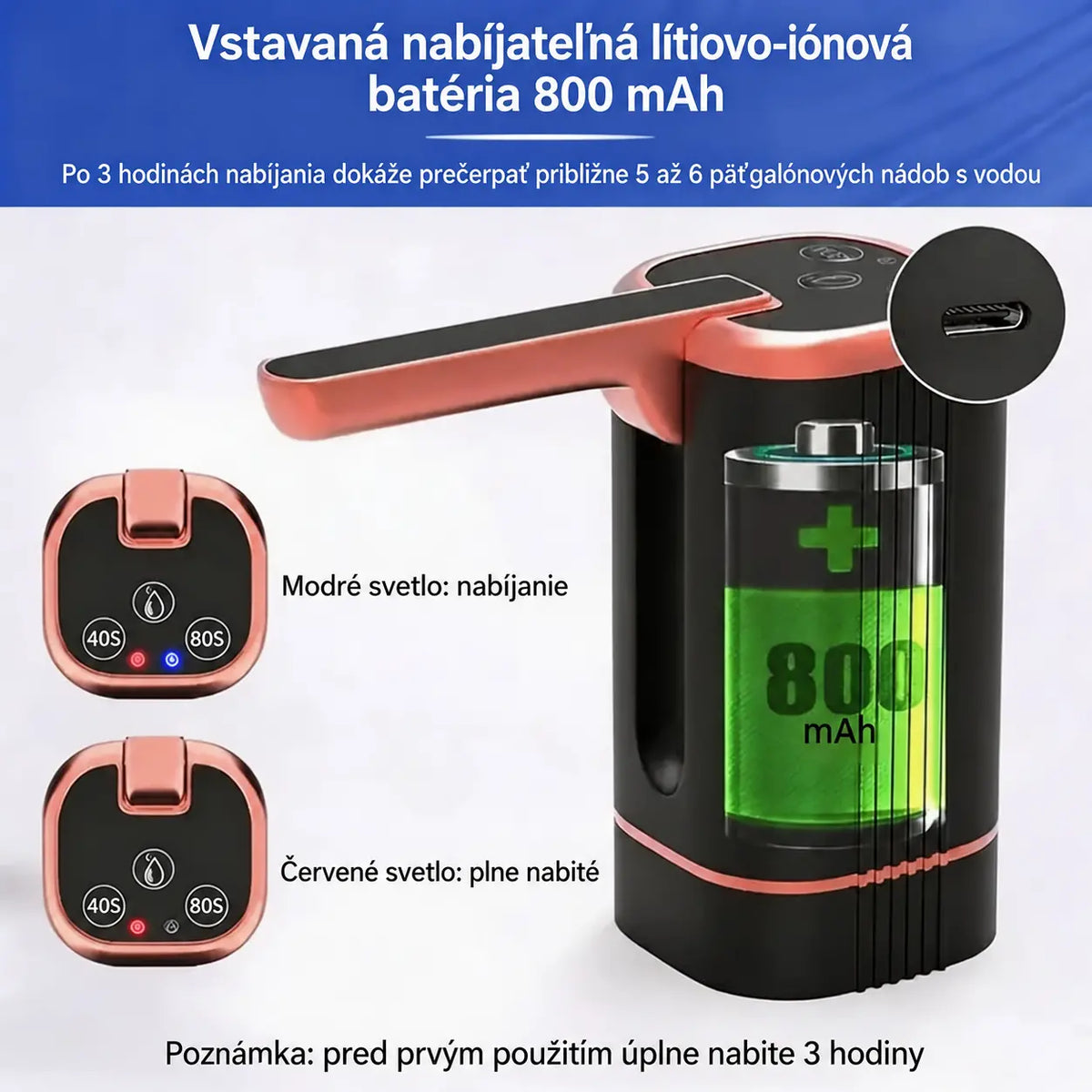 🚰【1 kus】Skladací elektrický dávkovač vody – prenosné USB čerpadlo na prečerpávanie vody, univerzálne pre 2-5-galónové džbány, dávkovanie vody na kempovanie a do domácnosti.