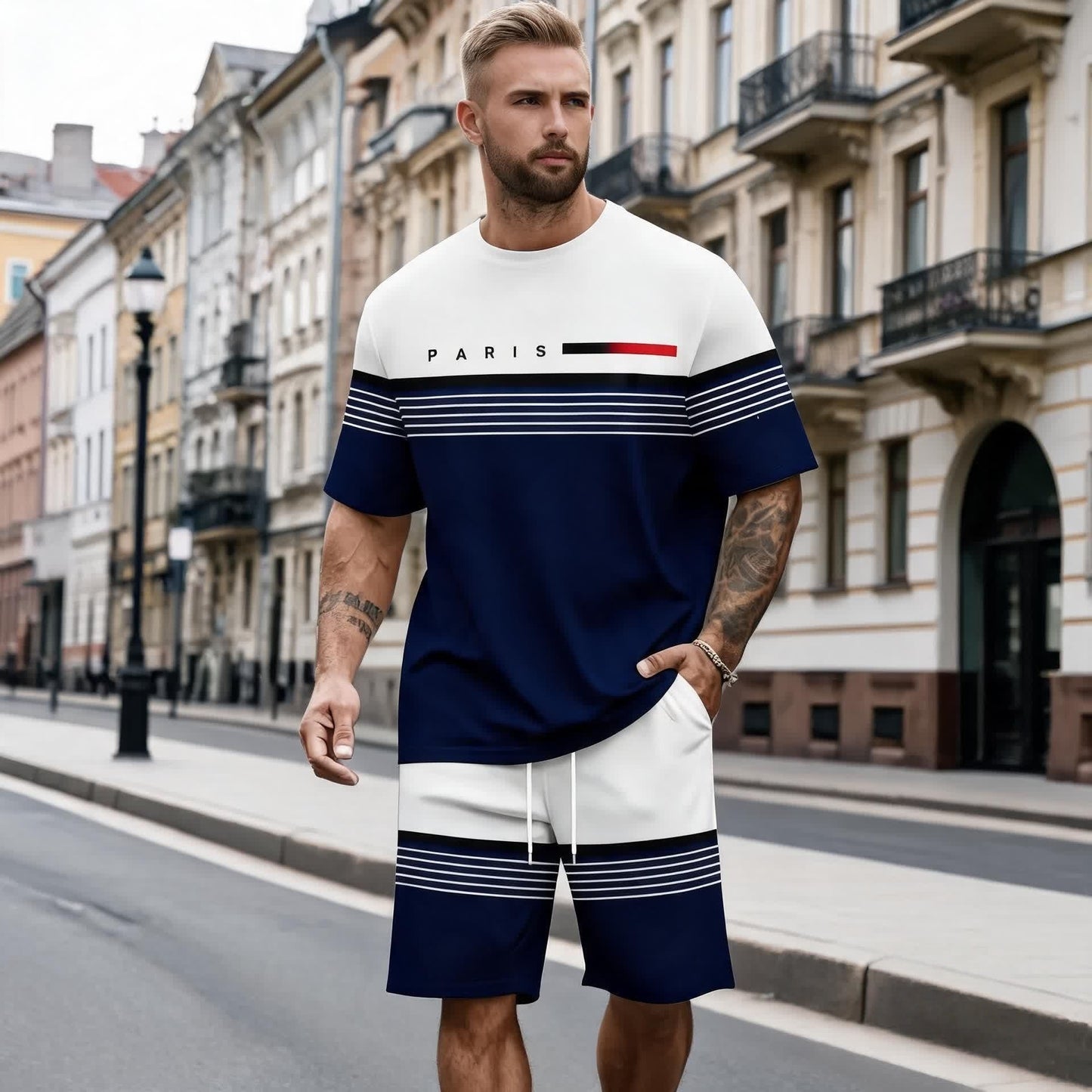 【S-5XL】Męski, swobodny i wygodny komplet składający się z koszuli z krótkim rękawem i spodenek z nadrukowanym napisem.