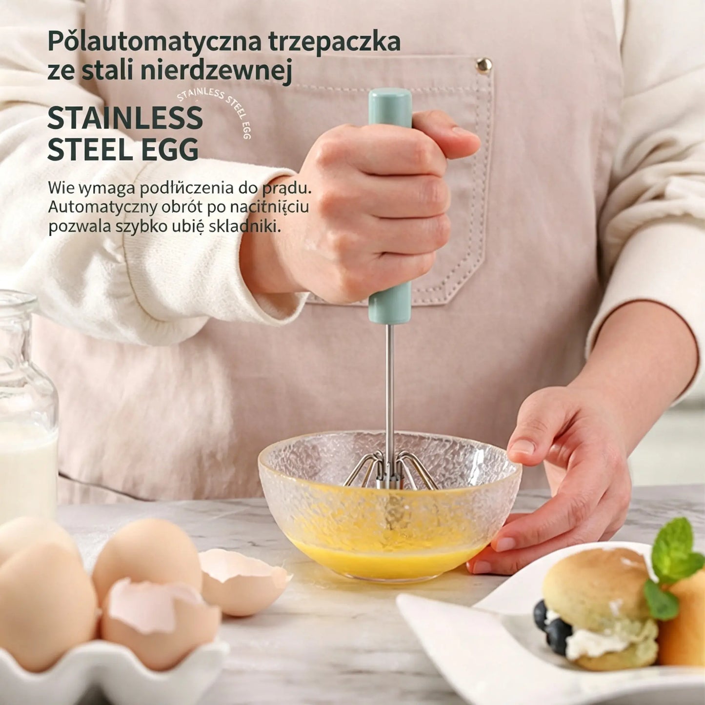 【Zestaw 2 elementów】 Półautomatyczna trzepaczka do jajek ze stali nierdzewnej, możliwa płatność przy odbiorze.