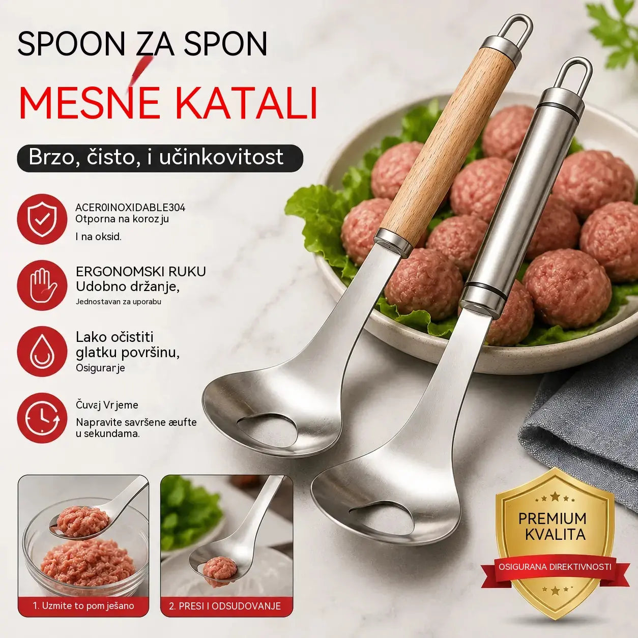 🍖 【Pakiranje od 2 komada】Kalup za mesne okruglice od nehrđajućeg čelika 304 – Savršen za izradu mesnih i ribljih okruglica, idealan za kuhanje kod kuće 🥄