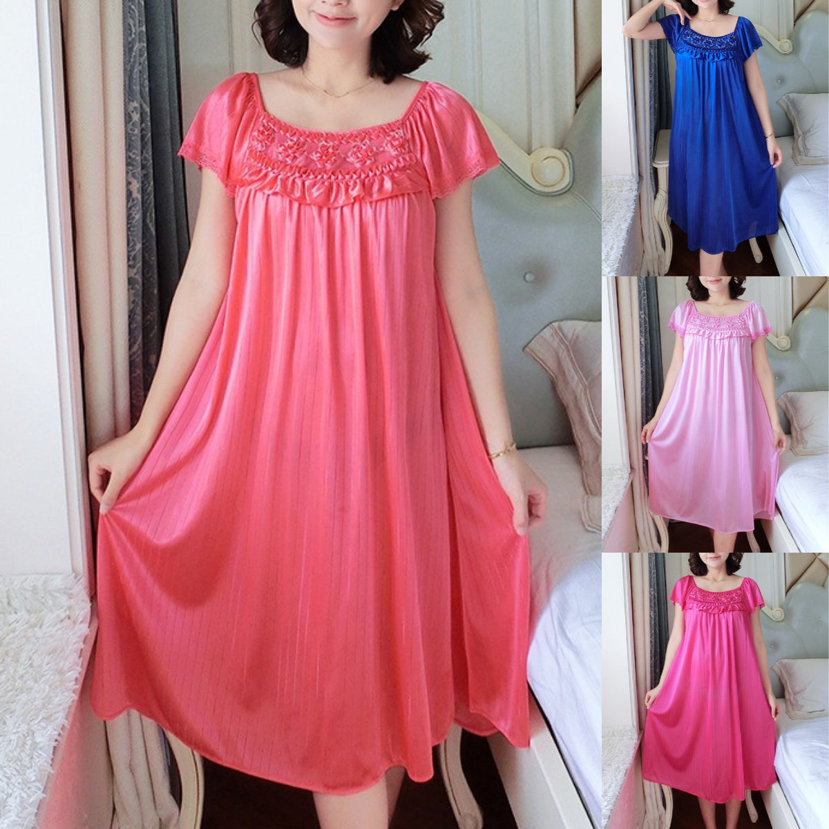 【M-2XL】Лятна нощница за дома, дълга пижама, изработена от фина, нежна за кожата ледена коприна