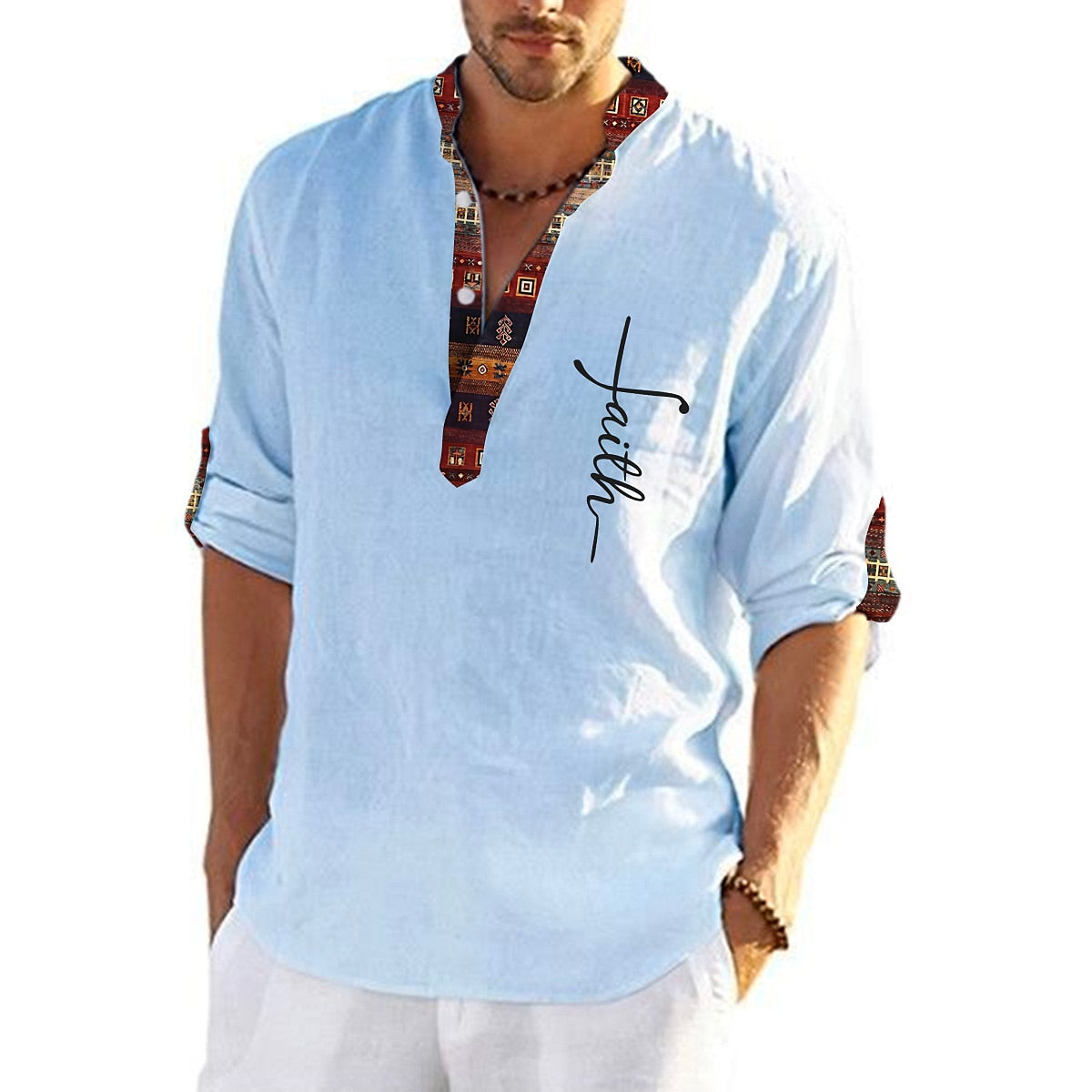 🔥Hot sale en España🔥Camisa hombre lino algodón estampada cuello pico