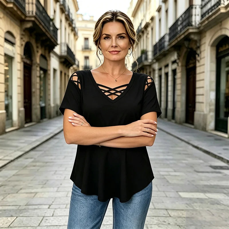 🔥【Zniżka ograniczona czasowo】【S-5XL】🔥👚 Koszulka wykonana w 100% z bawełny, z dekoltem w serek, wzorem w kratkę i wycięciami | nowoczesna i przewiewna
