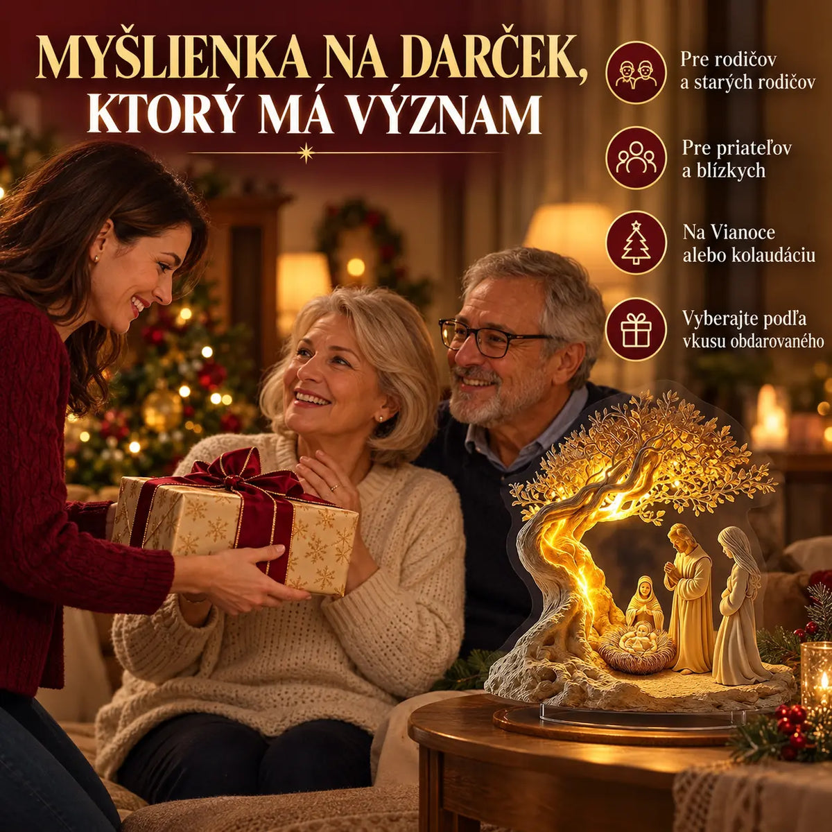 ✨🕯️Stolová dekorácia s motívom Narodenia Pána a stromom života – jemné svetlo pre sviatočnú atmosféru.