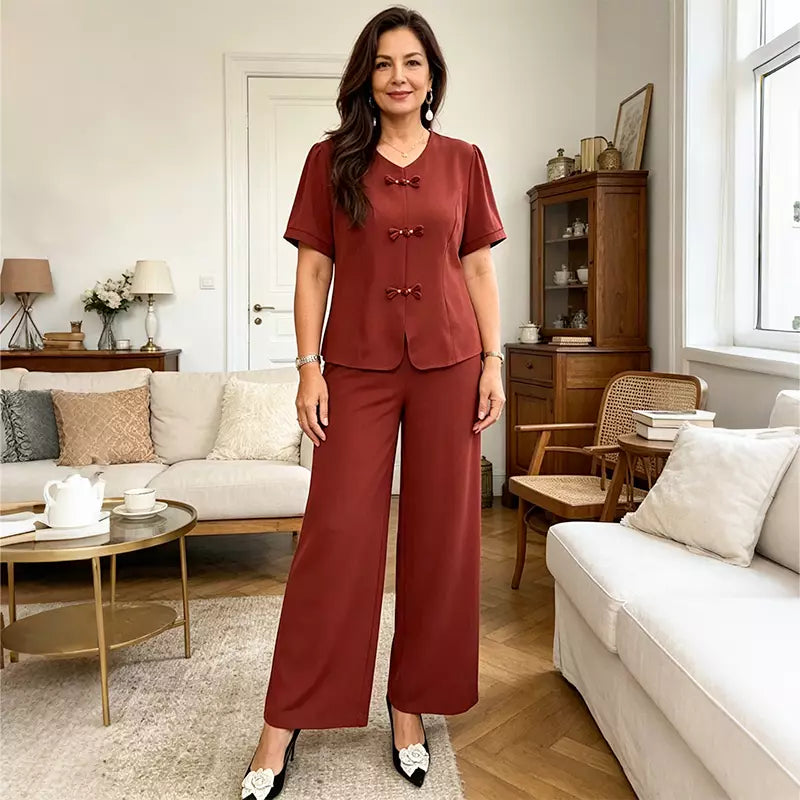 🔥【Zniżka ograniczona czasowo】【M-4XL】🔥Elegancki garnitur damski w stylu casualowym z lekkiego materiału – fason z ozdobnymi guzikami i luźnymi spodniami