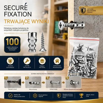 🛠️【100 par】🔩 Zestaw samowiercących kotew do płyt gipsowo-kartonowych ze śrubami 🧱 – łatwe w montażu akcesoria do montażu na ścianie