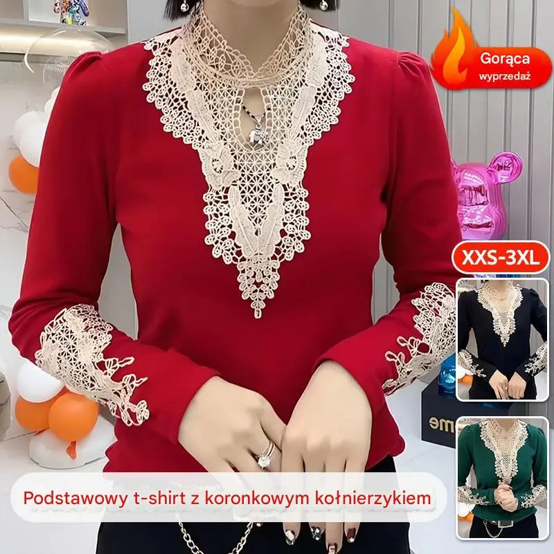 Jesienno-zimowa modna koszula z koronkowym kołnierzykiem i dwustronnym aksamitnym dołem