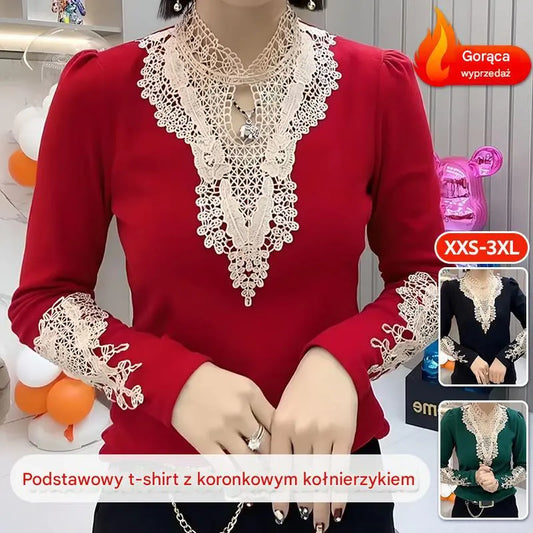 Jesienno-zimowa modna koszula z koronkowym kołnierzykiem i dwustronnym aksamitnym dołem