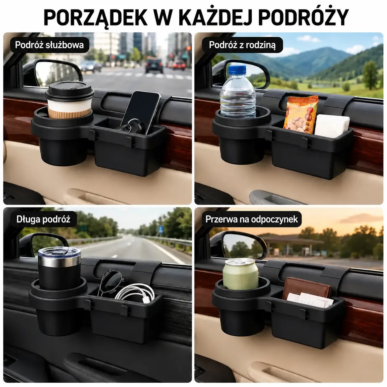 Wielofunkcyjny samochodowy uchwyt 4 w 1 do drzwi – Uchwyt na kubek z antypoślizgowymi zaciskami, schowek na telefon, wnęka na karty i zintegrowane haczyki 🚗🥤📱✨