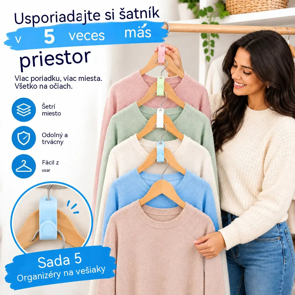 👕✨【Balenie 100 kusov】Spojky na vešiaky šetriace miesto: Zdvojnásobte úložný priestor vo svojom šatníku; pevné a odolné.
