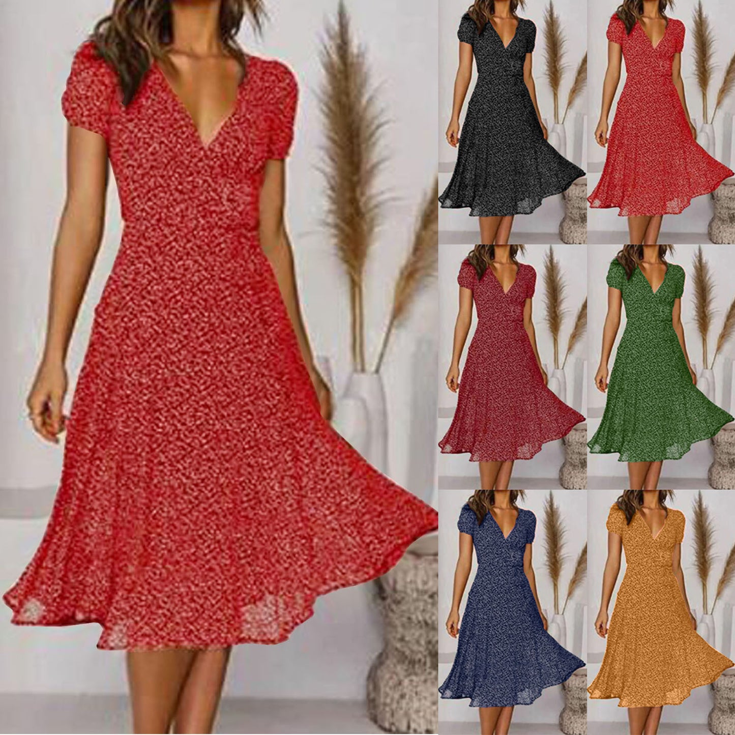 🌈👗 50% de descuento 🔥【40-100 kg】Vestido de manga corta con escote en V y estampado de lunares, tallas grandes ✅️Pago contra entrega