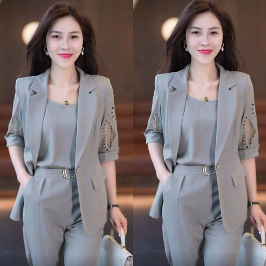 🎀【50% de descuento】🤍Conjunto elegante de verano 2025 para mujer – 3 piezas: blazer + camiseta + pantalones, moderno y favorecedor