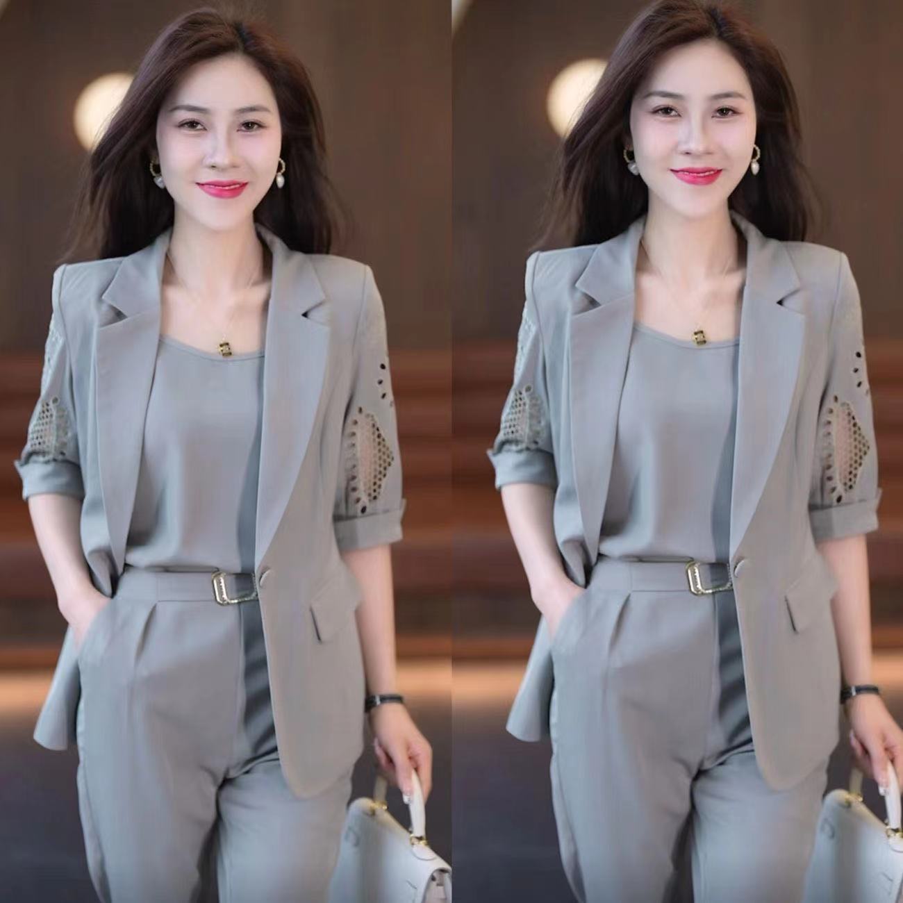 🎀【50% de descuento】🤍Conjunto elegante de verano 2025 para mujer – 3 piezas: blazer + camiseta + pantalones, moderno y favorecedor