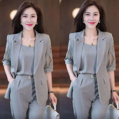 🎀【50% de descuento】🤍Conjunto elegante de verano 2025 para mujer – 3 piezas: blazer + camiseta + pantalones, moderno y favorecedor