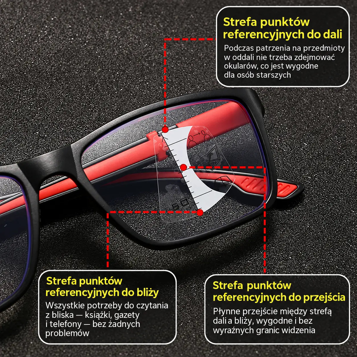 Okulary wieloogniskowe do czytania: wyróżniają się świeżym, nowoczesnym i sportowym stylem; zostały zaprojektowane z myślą o osobach w średnim i starszym wieku oraz wyposażone w elementy zapobiegające zsuwaniu się.