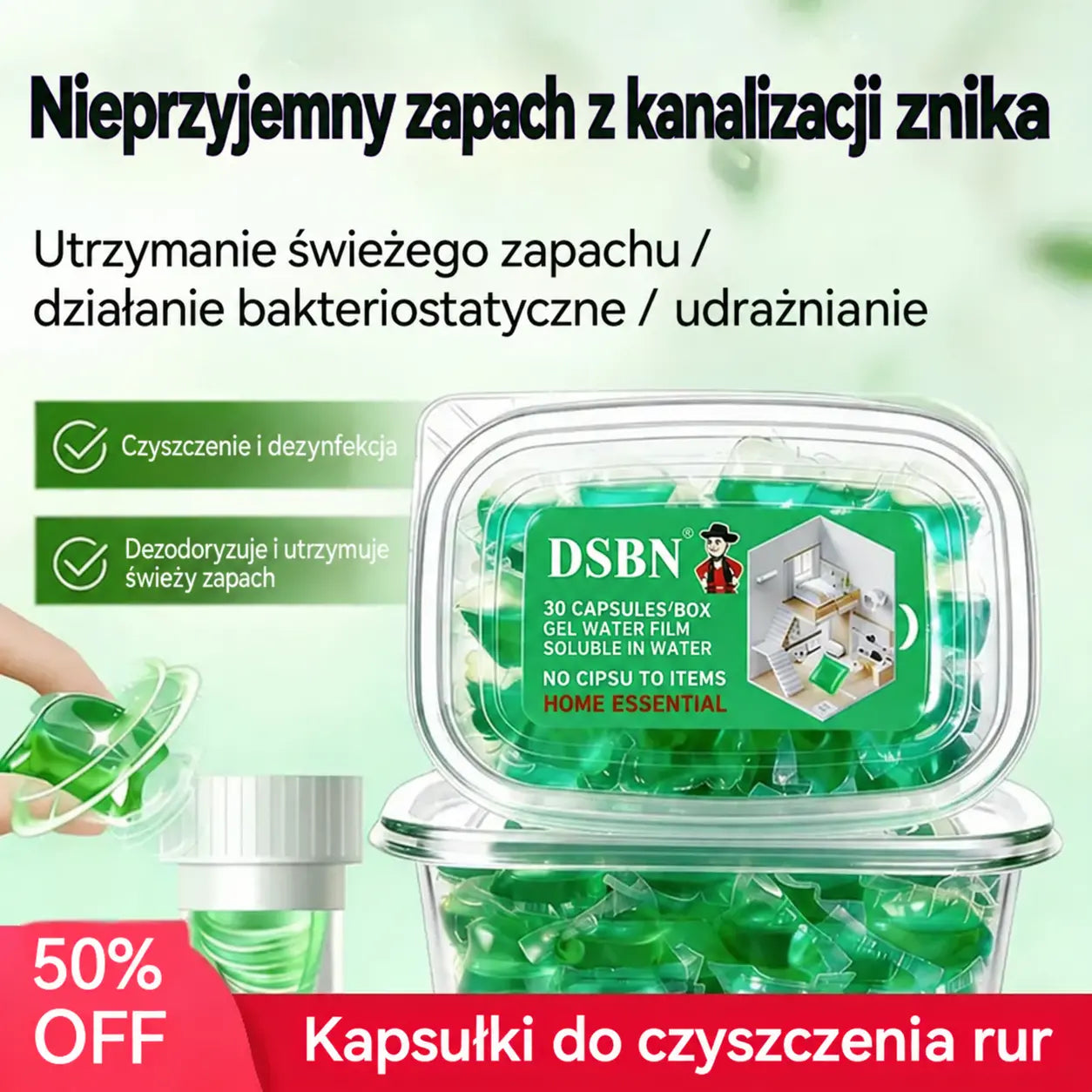 2 opakowania (łącznie 100 tabletek) 🏠💧 Kapsułki dezodoryzujące do odpływów – skład oparty na bioenzymach neutralizuje nieprzyjemne zapachy bezpośrednio u źródła.