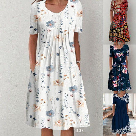 【✅️ Płatność przy odbiorze】【S-5XL】🌺🌺 Okrągły dekolt sprawi, że będziesz wyglądać na wyższą i szczuplejszą. Modna sukienka z nadrukiem.