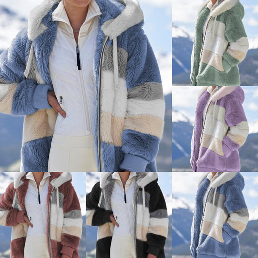 ☃️Nuevos productos de otoño e invierno❄️【S-5XL】 Chaqueta de mujer 2025 con franjas de peluche grueso en contraste.Moda y cálidos