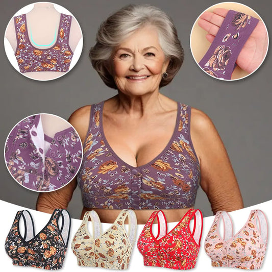 🎀【Kup jeden, drugi gratis】💎【L-5XL】Damski, miękki, bawełniany biustonosz typu kamizelka dla osób w średnim i starszym wieku, duży rozmiar, bez stalowego kółka, z nadrukowaną klamrą z przodu.