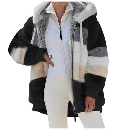 ☃️Nuevos productos de otoño e invierno❄️【S-5XL】 Chaqueta de mujer 2025 con franjas de peluche grueso en contraste.Moda y cálidos