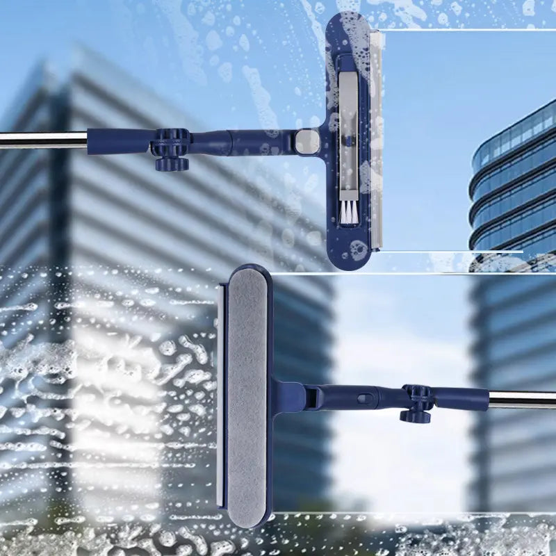 Limpiacristales 2 en 1 de doble cara con mango extensible para limpiar cristales en edificios altos.