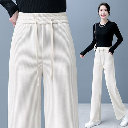 🔥 👖👖Nuevos pantalones casuales de terciopelo de pierna ancha para mujer, muy cómodos de llevar, de cintura alta con cordón y corte holgado.