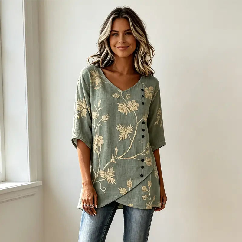 👘[S-3XL] ✨Koszula w stylu vintage z mieszanki lnu i bawełny, haft kwiatowy, dekolt w serek, asymetryczne guziki, przewiewna i miękka tkanina.✨