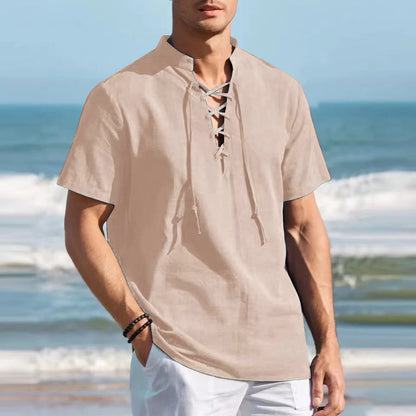 👔 50% zniżki 🔥 Męska koszula henley z bawełny i lnu (40-100 kg), duży rozmiar, dekolt w serek ze sprzączką ✅️ Płatność przy odbiorze