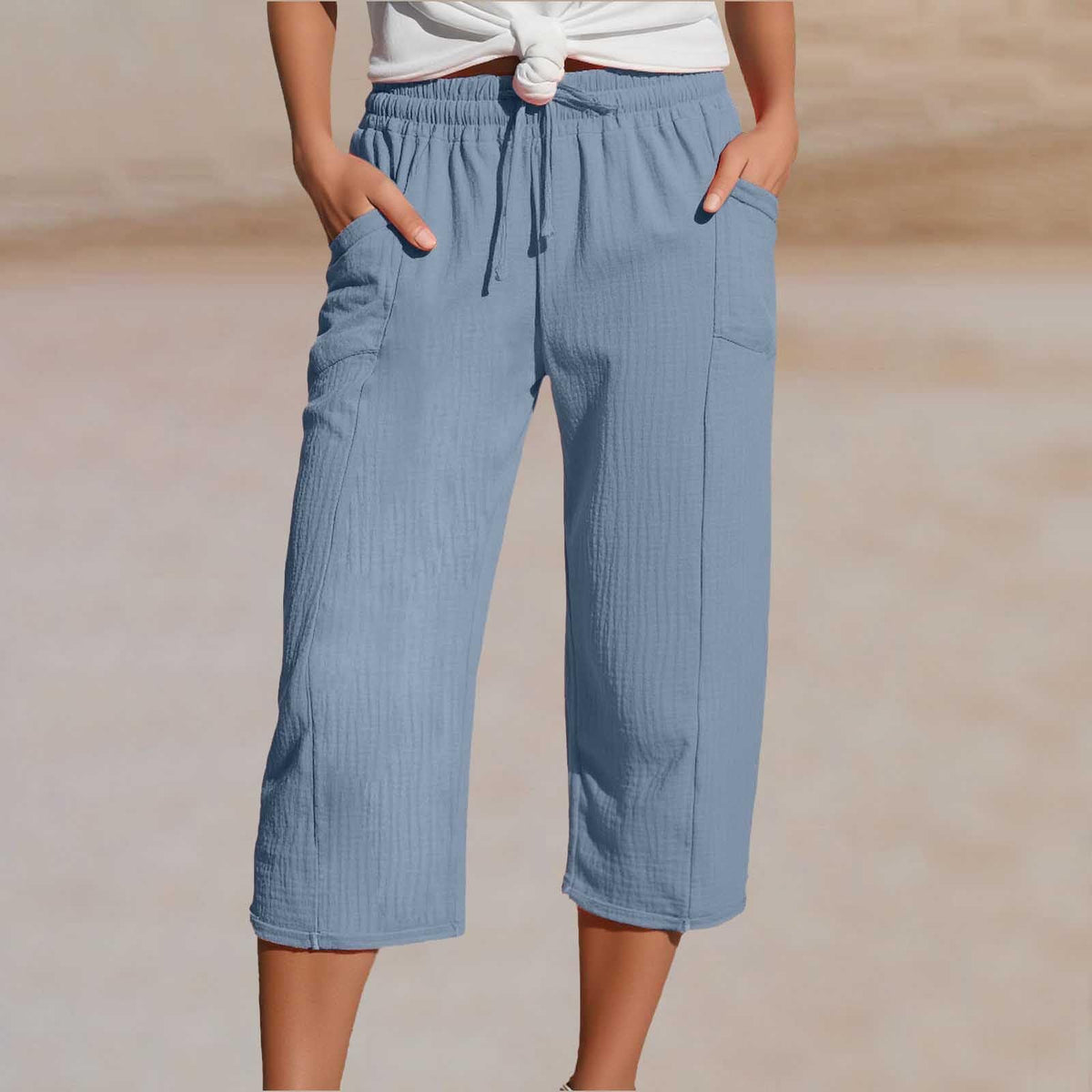 🌸Pantalones cropped plisados de color sólido para mujer, de algodón y lino
