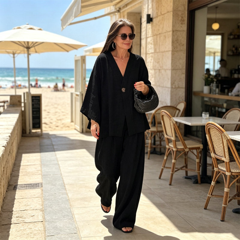 🌟Novedad de verano 2026: Elegante traje casual de mujer con cuello en V y corte holgado【Top + Pantalones de pierna ancha】