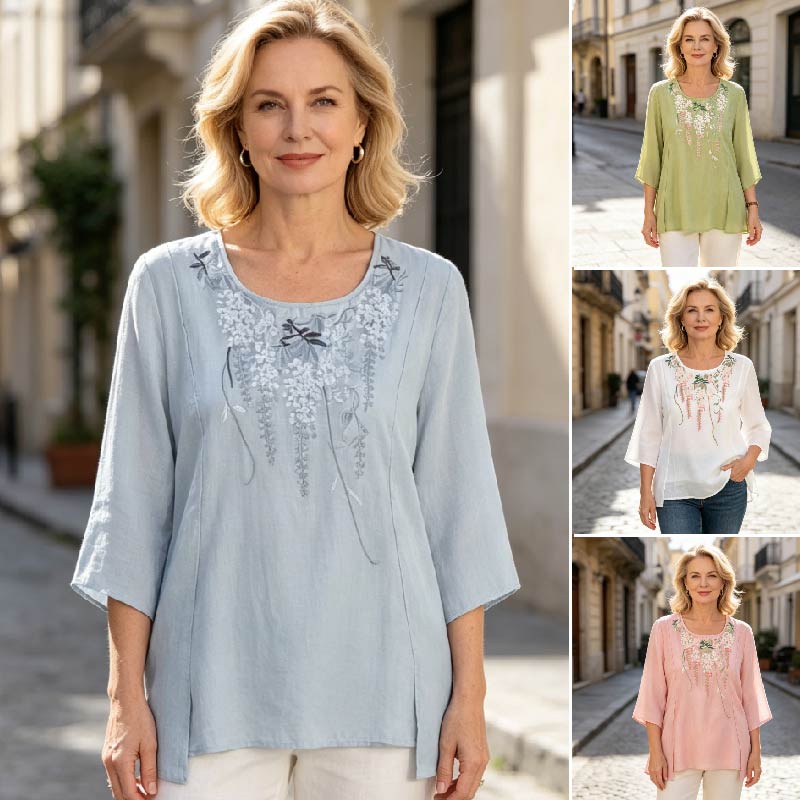 【M-3XL】Elegancka bawełniana koszula z krótkim rękawem i haftem dla kobiet
