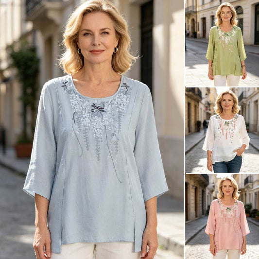 【M-3XL】Elegancka bawełniana koszula z krótkim rękawem i haftem dla kobiet