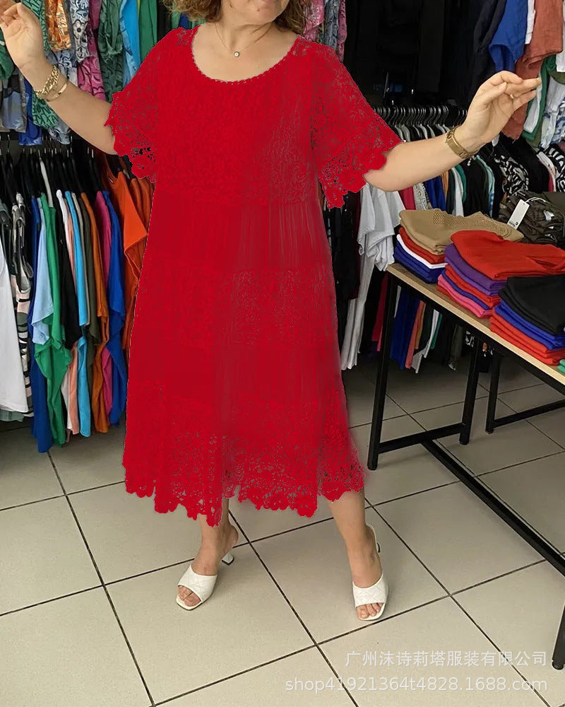 [S-5XL] Nowa koronkowa sukienka z okrągłym dekoltem i krótkim rękawem