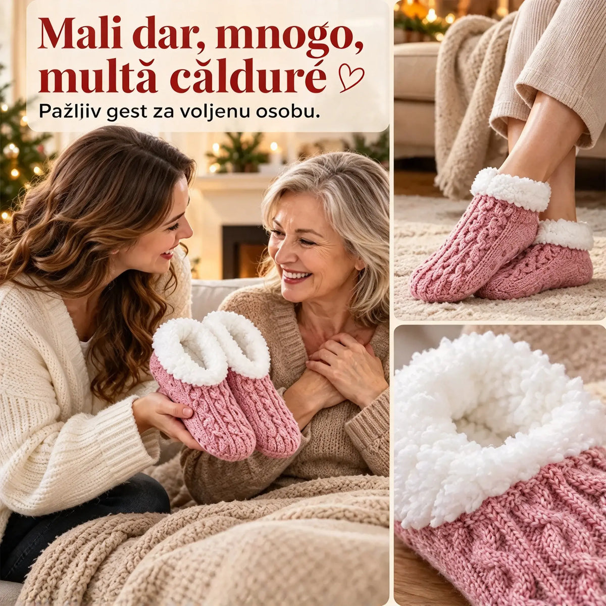 🧦 Poseban paket 2 para: Mekane kućne čarape s neklizajućim silikonskim potplatom · Topla unutrašnjost poput krzna · Elastično pletivo s uvijenim uzorkom · Udobnost i toplina za zimu!