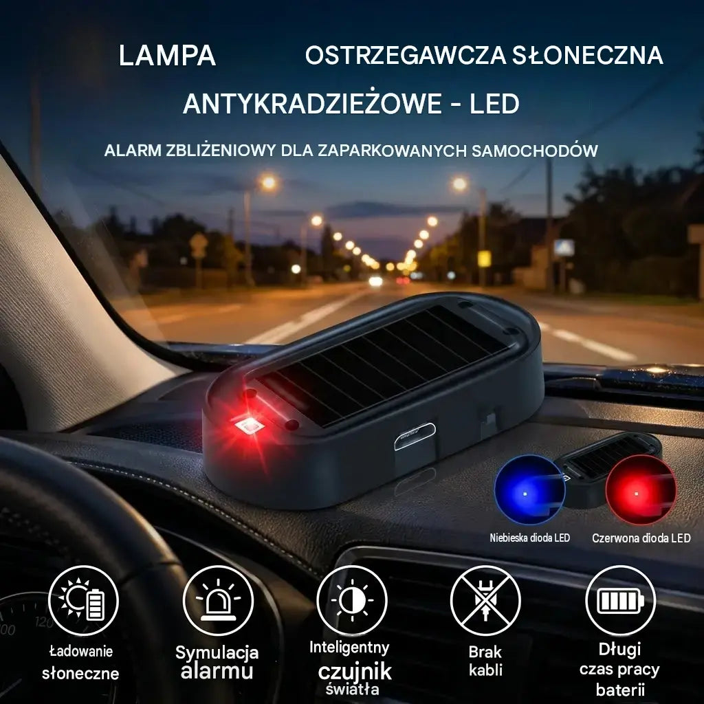1 sztuka 89 zł 🎁🚗💥 Kompaktowa lampka ostrzegawcza LED przeciw kradzieży, zasilana energią słoneczną