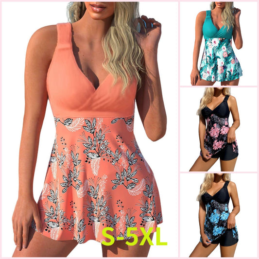 🌴🏖️【Разпродажба извън сезона, 30% отстъпка】【S-5XL】🌈😍 Комплект бански с щампа в големи размери, къси панталони, пола с цепка заден край, бързосъхнеща материя