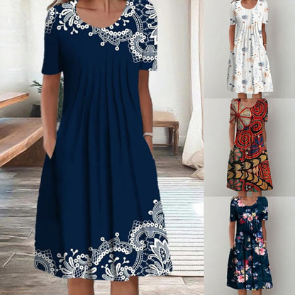 【✅️ Płatność przy odbiorze】【S-5XL】🌺🌺 Okrągły dekolt sprawi, że będziesz wyglądać na wyższą i szczuplejszą. Modna sukienka z nadrukiem.