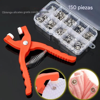 👕Alicates de instalación + 150 botones🧵 Pinza para Colocar Botones sin Coser + 150 botones Incluidos – ¡ Repara tu Ropa en Segundos! ✨
