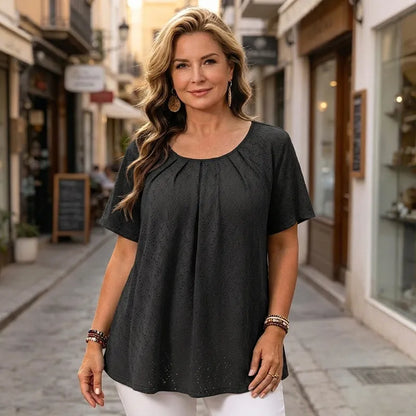 【L-6XL】Bluză Elegantă de Damă cu Broderie Sparte și Pliuri la Decolteu, Tricou Lejer cu Mânecă Scurtă, Cămașă Texturată în Stil Francez
