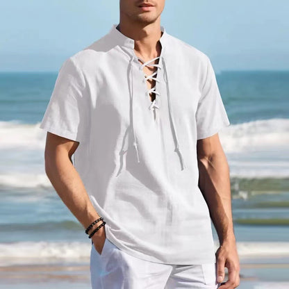 👔 50% zniżki 🔥 Męska koszula henley z bawełny i lnu (40-100 kg), duży rozmiar, dekolt w serek ze sprzączką ✅️ Płatność przy odbiorze