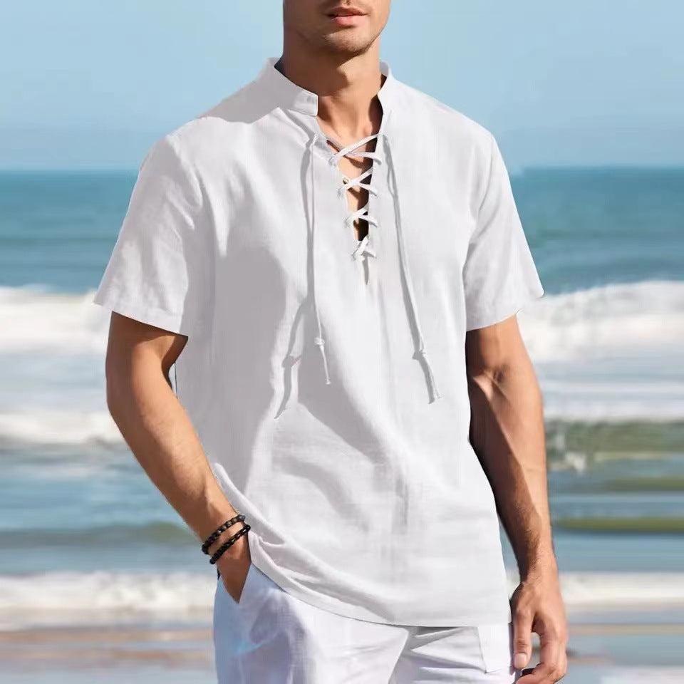 👔 50% zniżki 🔥 Męska koszula henley z bawełny i lnu (40-100 kg), duży rozmiar, dekolt w serek ze sprzączką ✅️ Płatność przy odbiorze