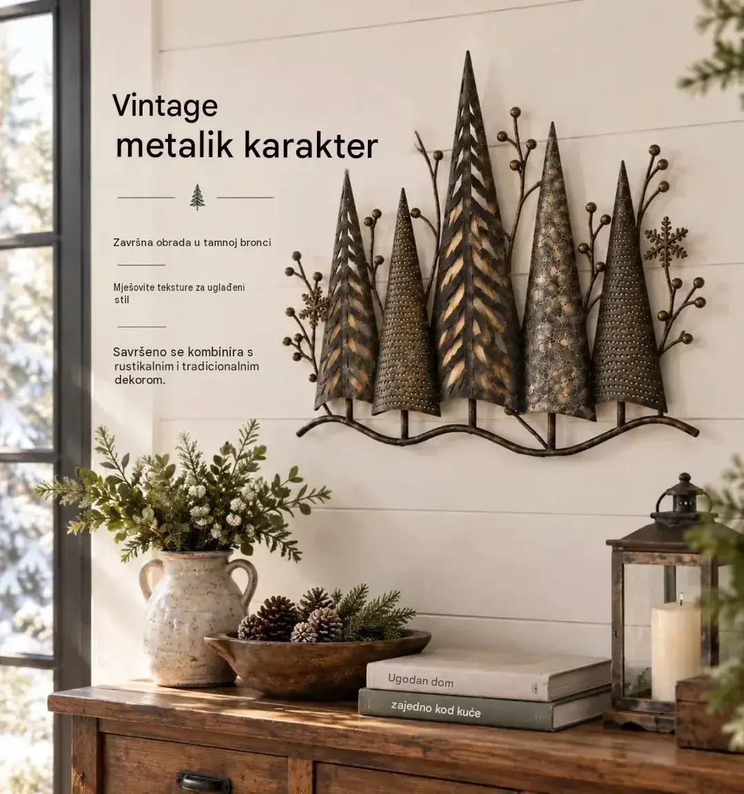 🎄🕯️ Osvijetljena metalna zidna dekoracija sa šumskim motivom i retro štihom 🌙