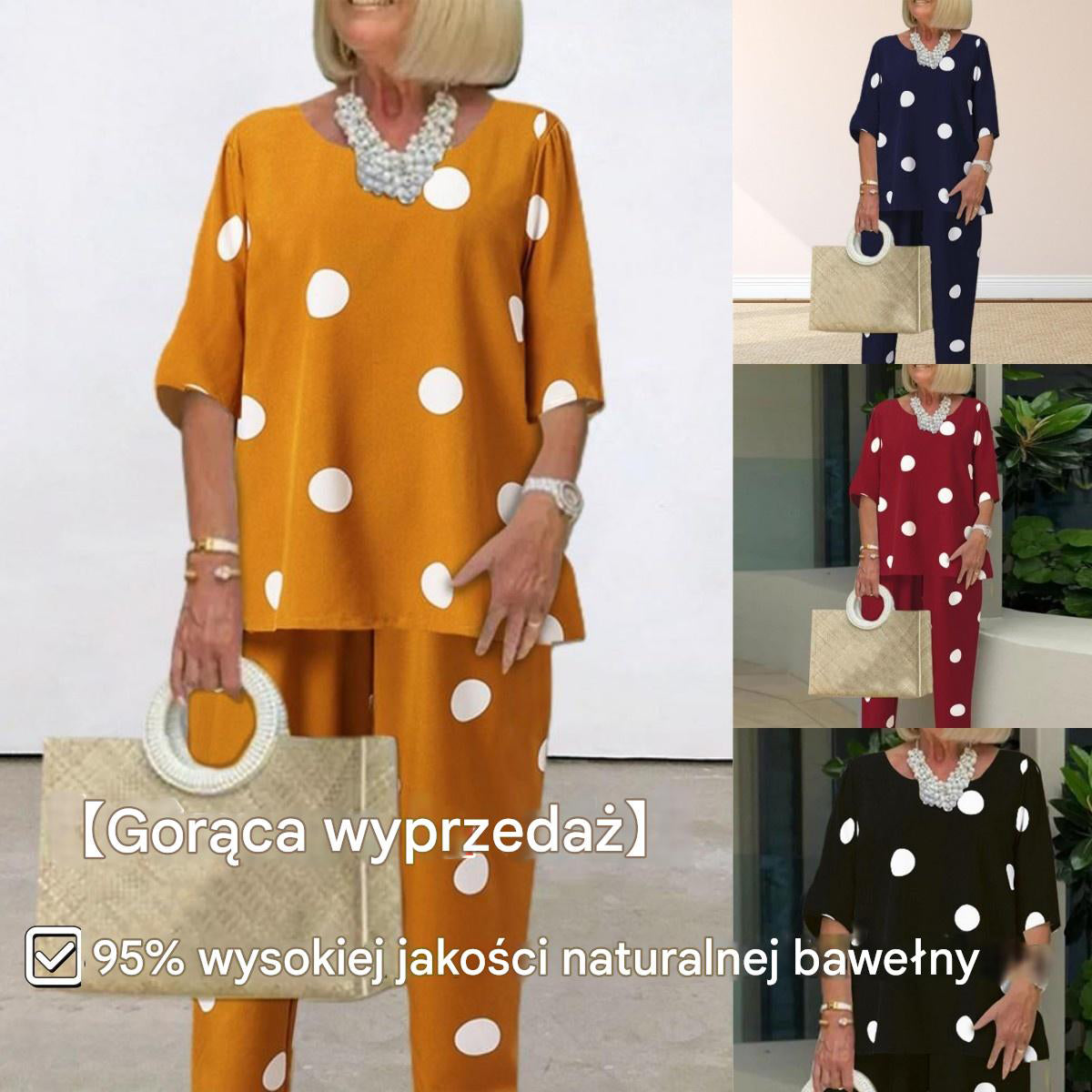 50% zniżki 💥💖【S-5XL】👕👖2026 nowy biały garnitur damski z nadrukiem w groszki, wykonany z bawełny i lnu, wygodny i swobodny [T-shirt + spodnie]