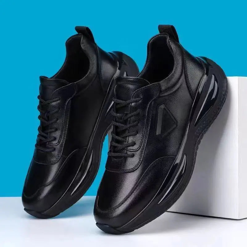 🔥Bestseller🏆【Rozmiary 39-44】Męskie czarne lekkie buty sportowe casualowe z grubą podeszwą ze skóry naturalnej