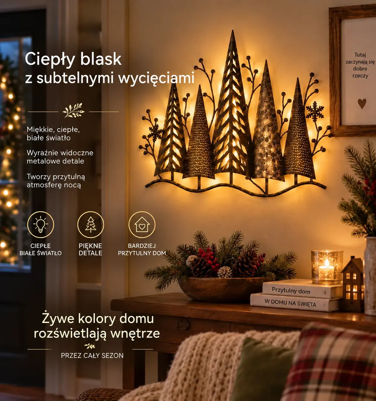 🎄🕯️ Podświetlana metalowa dekoracja ścienna z motywem leśnym i w stylu vintage 🌙