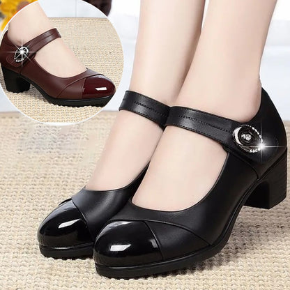💕【50% zniżki】👞Damskie skórzane buty na grubym obcasie, z okrągłym noskiem i miękką podeszwą (rozmiary 35-40)🩰