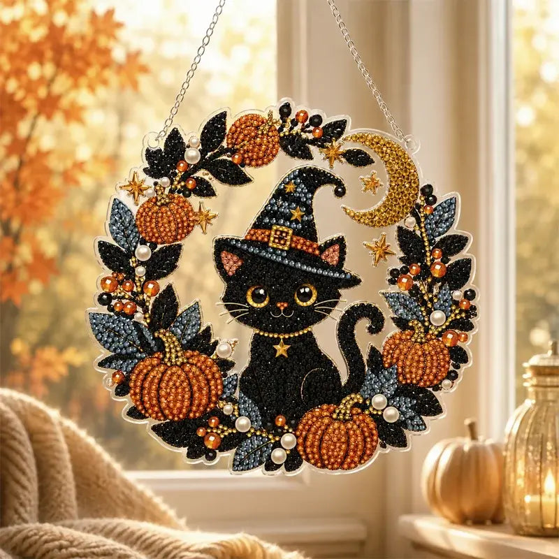 Dekoracja okienna na Halloween DIY, malowanie diamentowe, 4 radosne wzory, rozmiar 25×25 cm