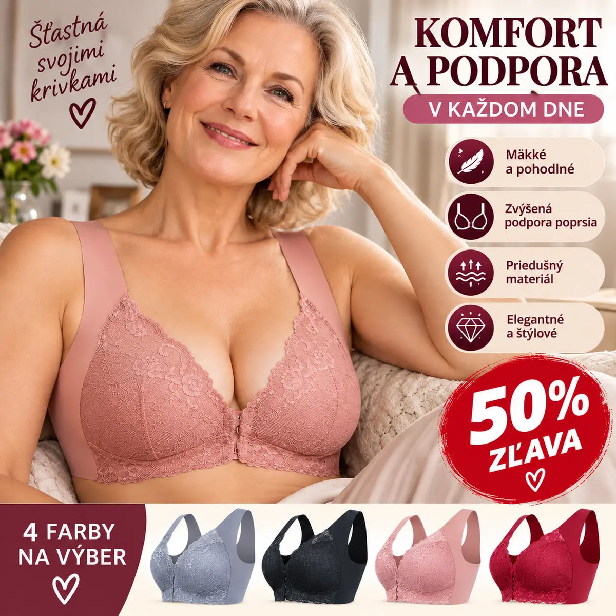 ✨【3-dielna sada】Sexi podprsenka pre väčšie veľkosti bez kostíc s predným zapínaním a krásnym chrbtom